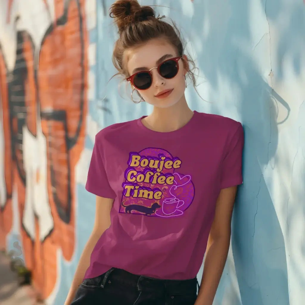 The Boujee Coffee Time© Crew Neck Ladies Tee by Sweet Roo Bou features Roxy in a boutique design made for coffee