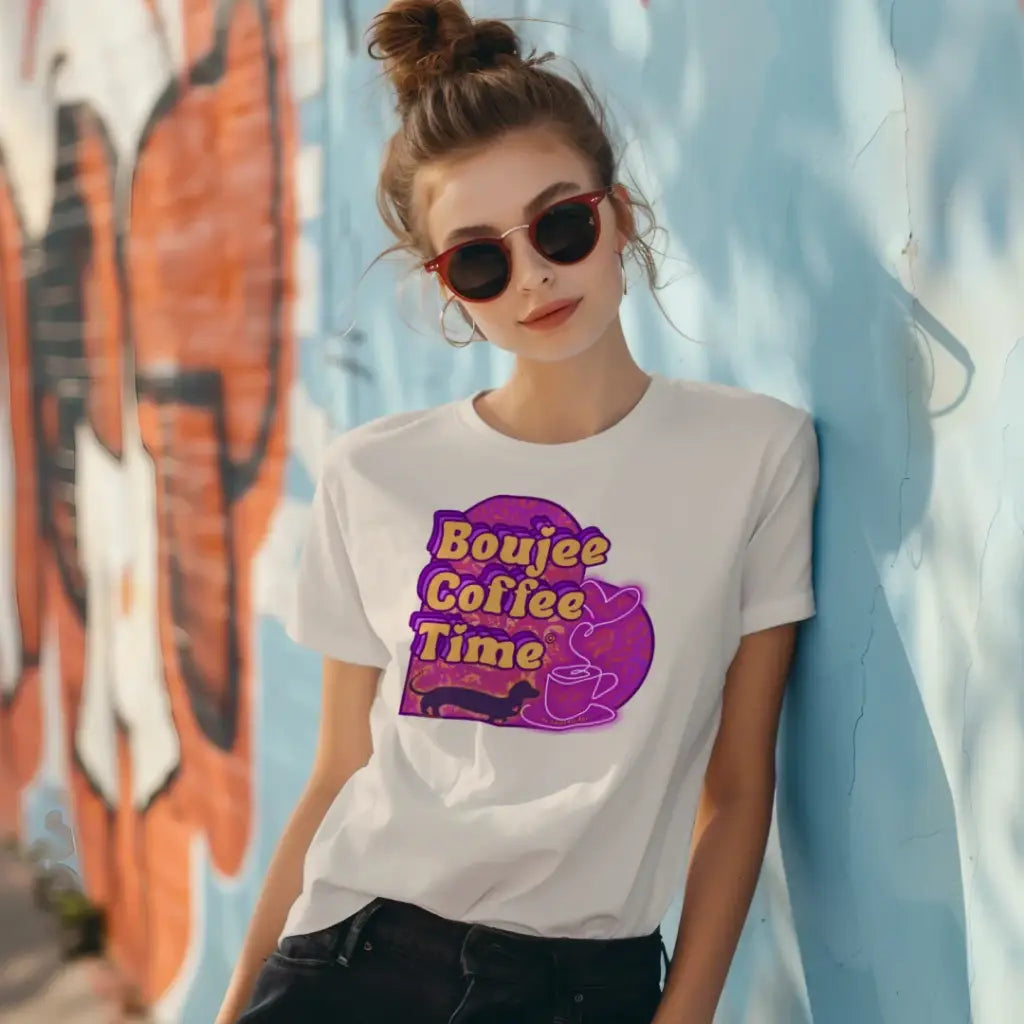 The Boujee Coffee Time© Crew Neck Ladies Tee by Sweet Roo Bou features Roxy in a boutique design made for coffee