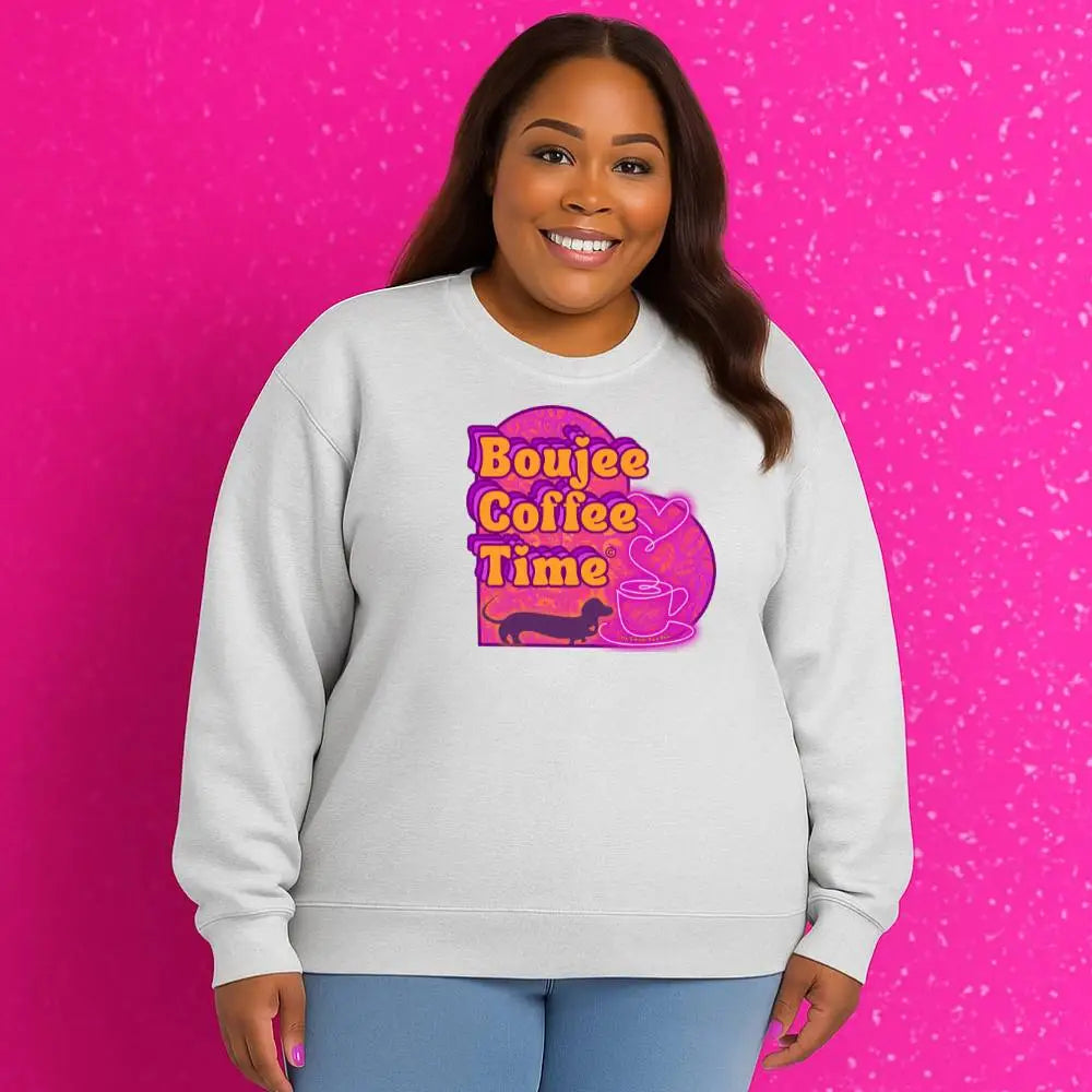 Cozy up in style with the Boujee Coffee Time sweatshirt. Available Ash Black Light Pink and Sport Gray perfect