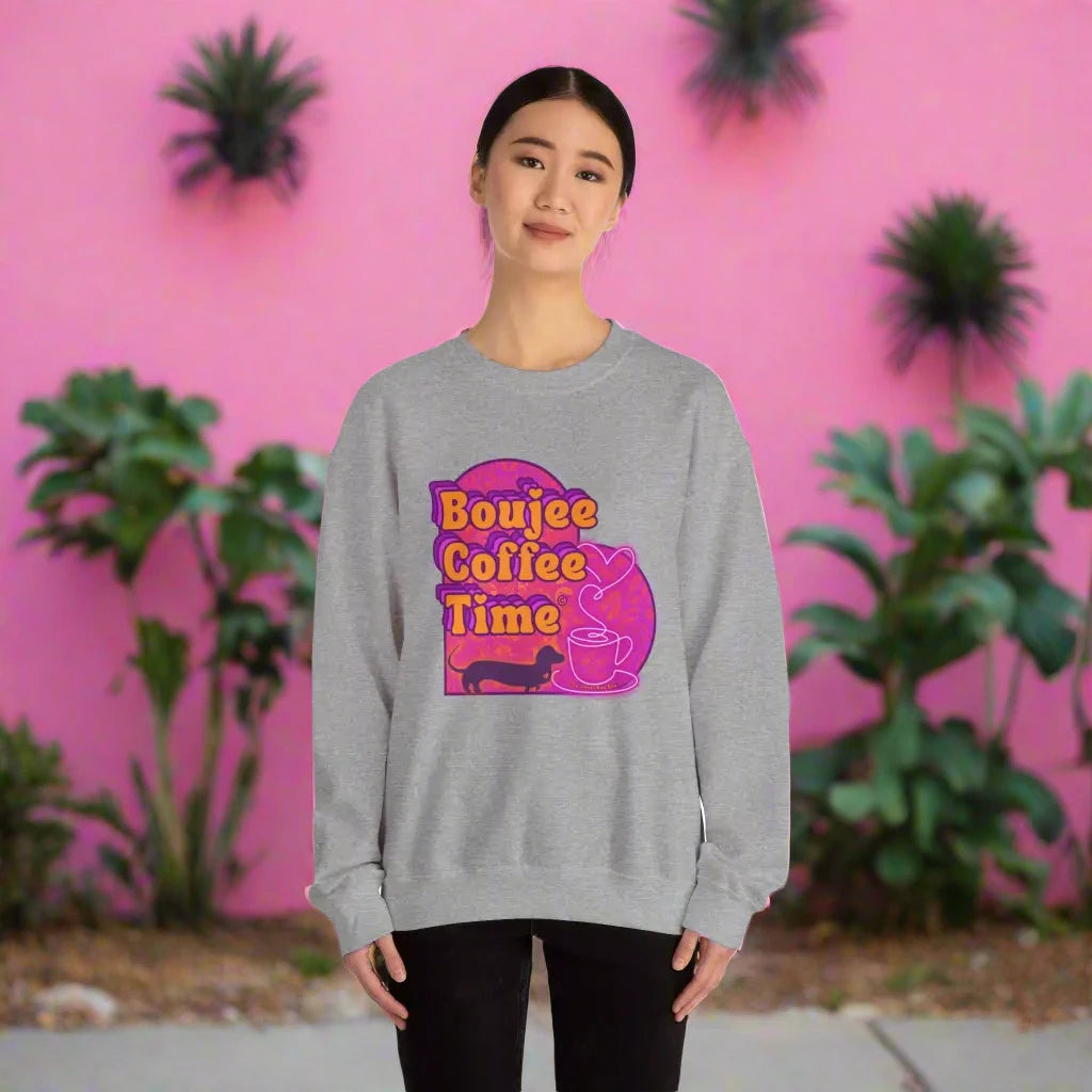 Cozy up in style with the Boujee Coffee Time sweatshirt. Available Ash Black Light Pink and Sport Gray perfect