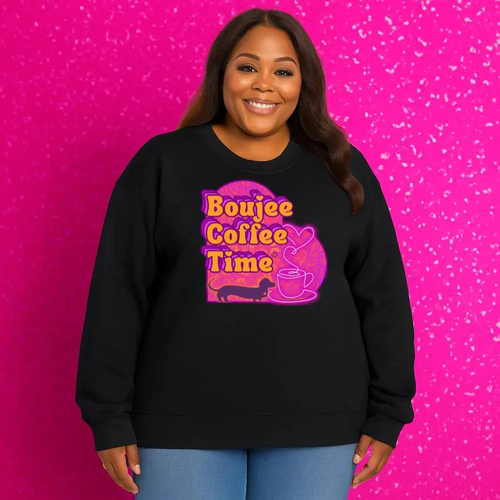 Cozy up in style with the Boujee Coffee Time sweatshirt. Available Ash Black Light Pink and Sport Gray perfect