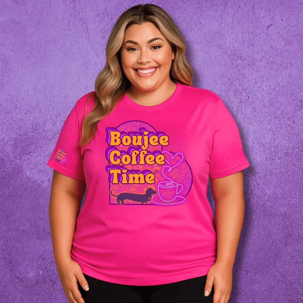 Boujee Coffee Time® Sporty Tee in bold colors moisture-wicking fabric and sizes XS to 4XL. Plus-size friendly