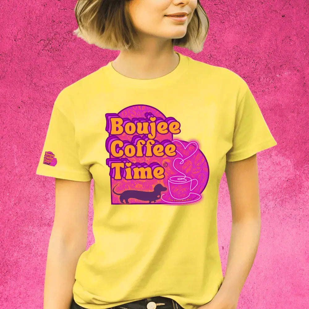 Boujee Coffee Time® Sporty Tee in bold colors moisture-wicking fabric and sizes XS to 4XL. Plus-size friendly