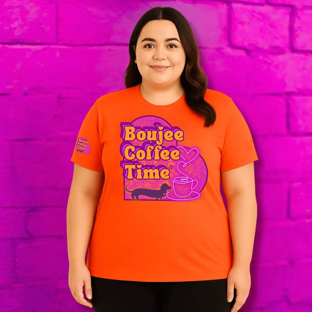 Boujee Coffee Time® Sporty Tee in bold colors moisture-wicking fabric and sizes XS to 4XL. Plus-size friendly
