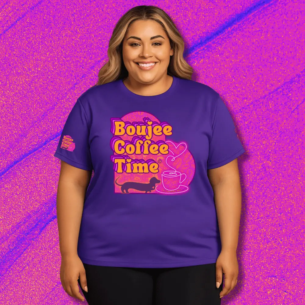 Boujee Coffee Time® Sporty Tee in bold colors moisture-wicking fabric and sizes XS to 4XL. Plus-size friendly