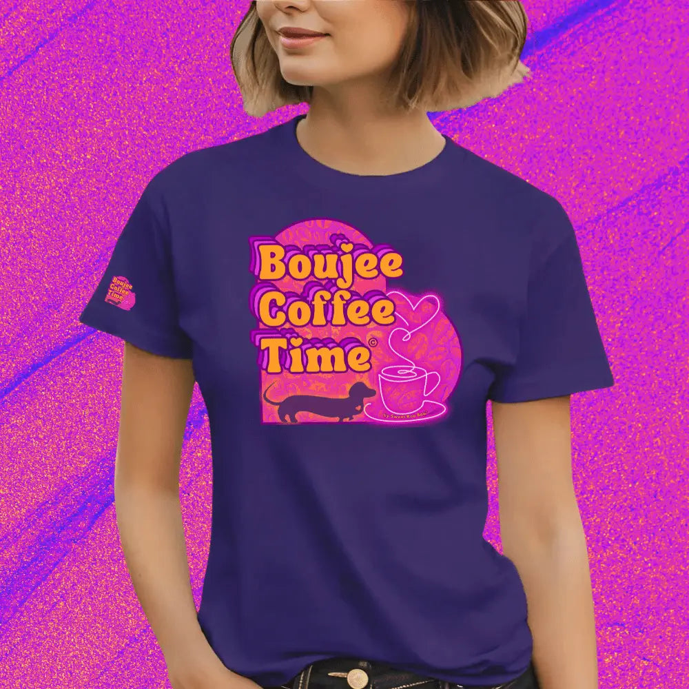 Boujee Coffee Time® Sporty Tee in bold colors moisture-wicking fabric and sizes XS to 4XL. Plus-size friendly