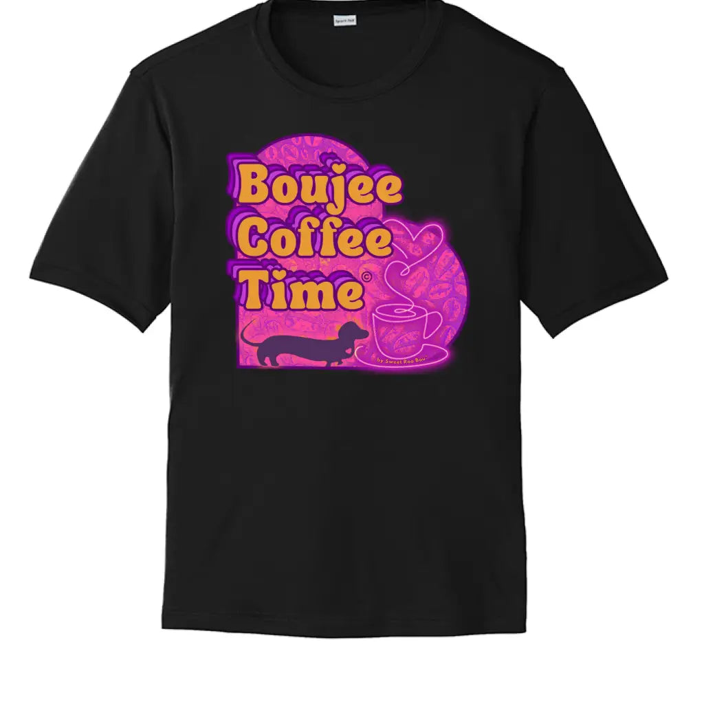Boujee Coffee Time® Sporty Tee in bold colors moisture-wicking fabric and sizes XS to 4XL. Plus-size friendly