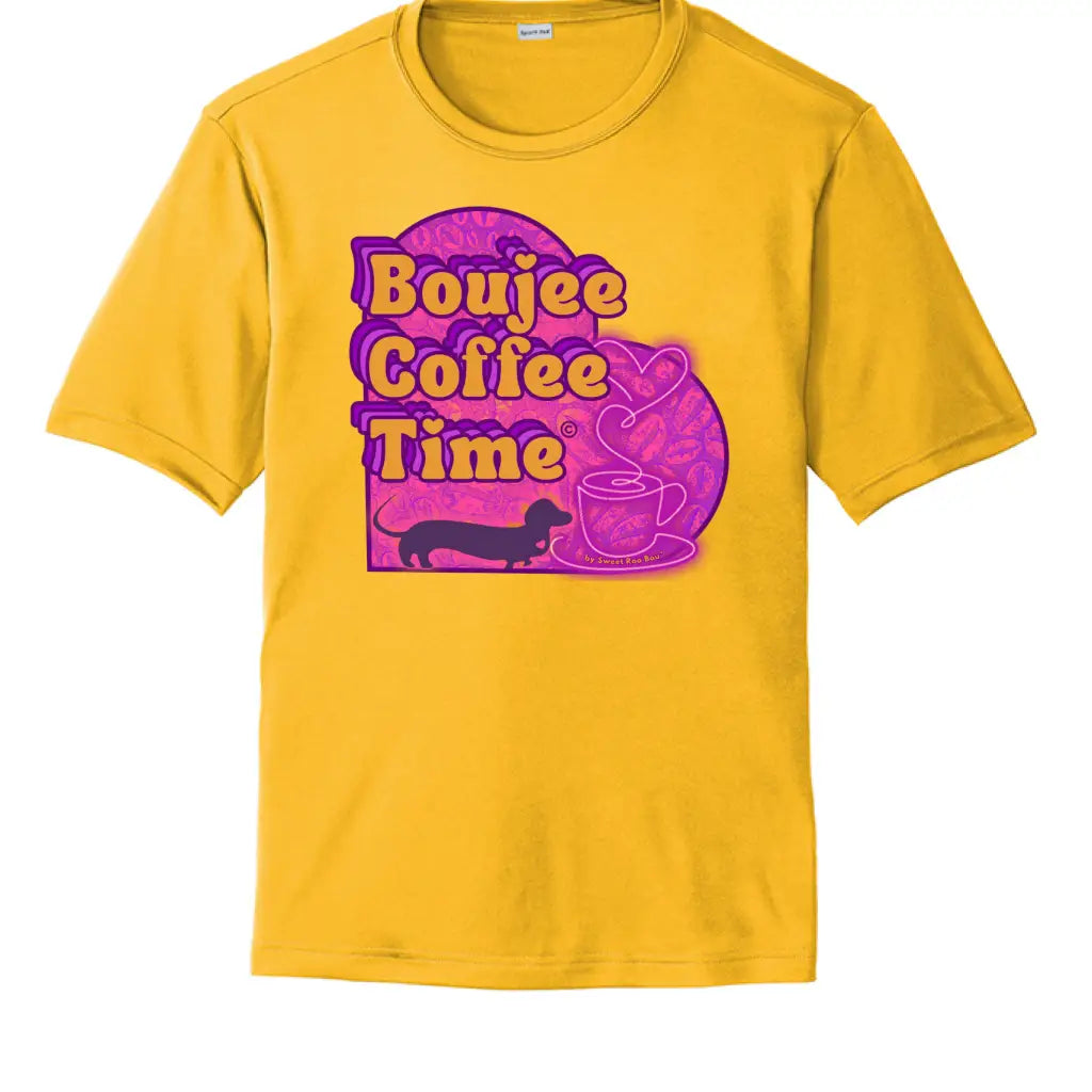 Boujee Coffee Time® Sporty Tee in bold colors moisture-wicking fabric and sizes XS to 4XL. Plus-size friendly