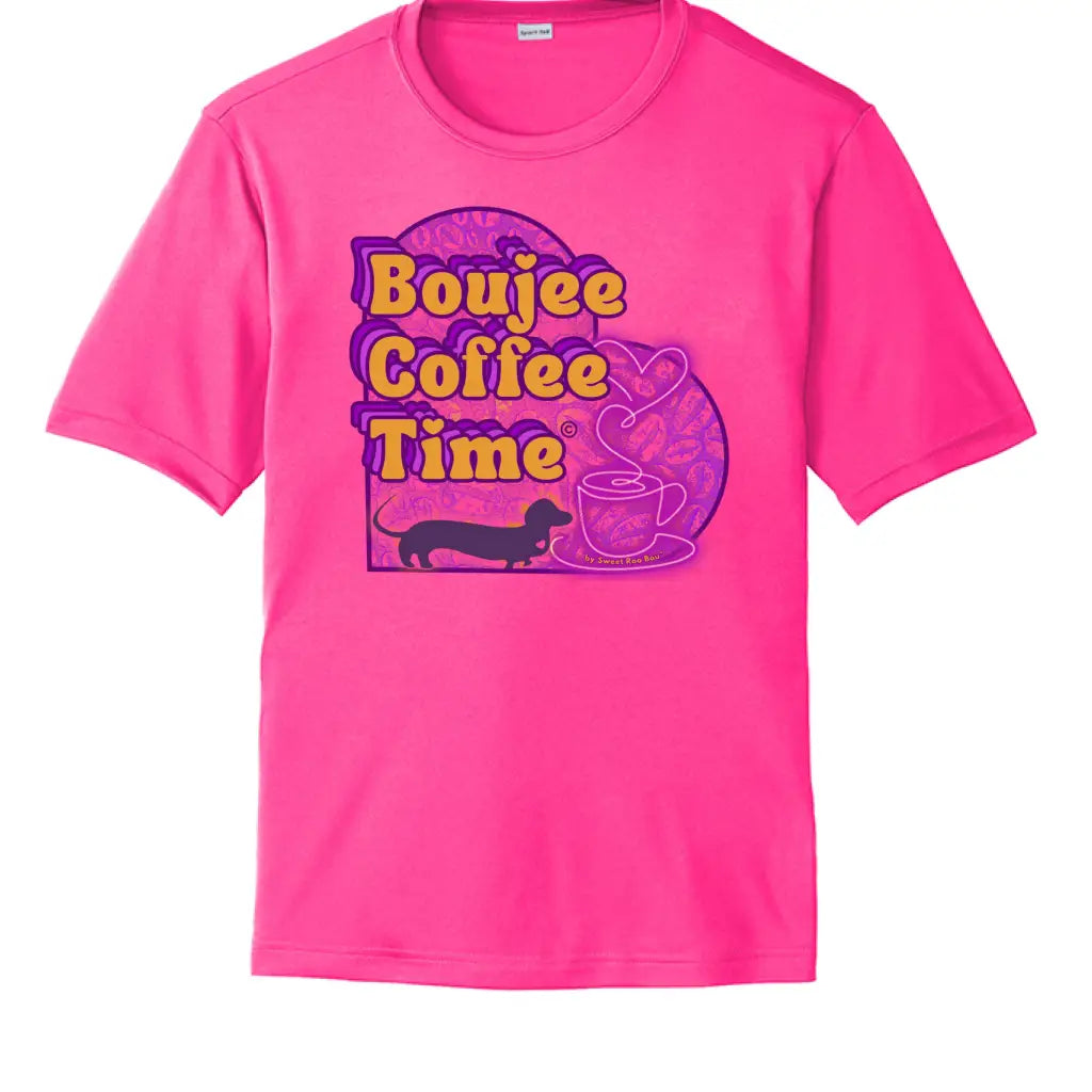 Boujee Coffee Time® Sporty Tee in bold colors moisture-wicking fabric and sizes XS to 4XL. Plus-size friendly