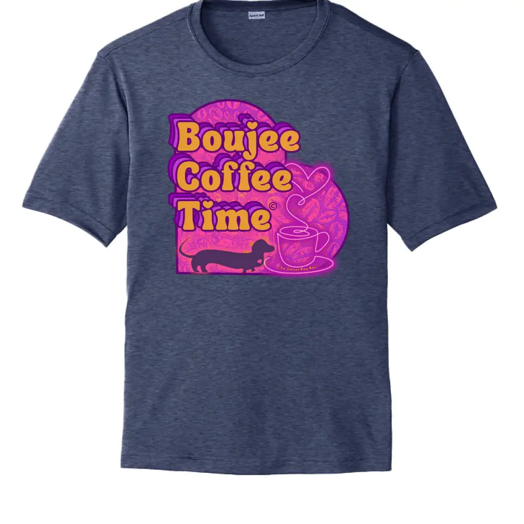 Boujee Coffee Time® Sporty Tee in bold colors moisture-wicking fabric and sizes XS to 4XL. Plus-size friendly