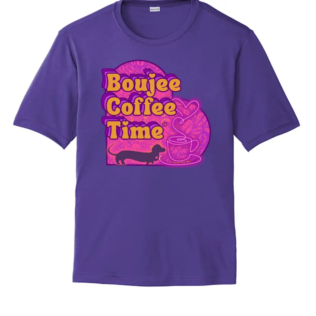 Boujee Coffee Time® Sporty Tee in bold colors moisture-wicking fabric and sizes XS to 4XL. Plus-size friendly