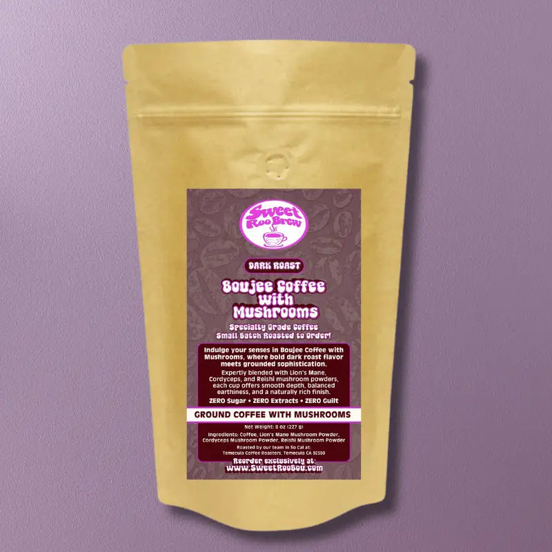 Boujee Coffee with Mushrooms by Sweet Roo Brew™ blends Specialty Grade coffee real Lion’s Mane Cordyceps and Reishi