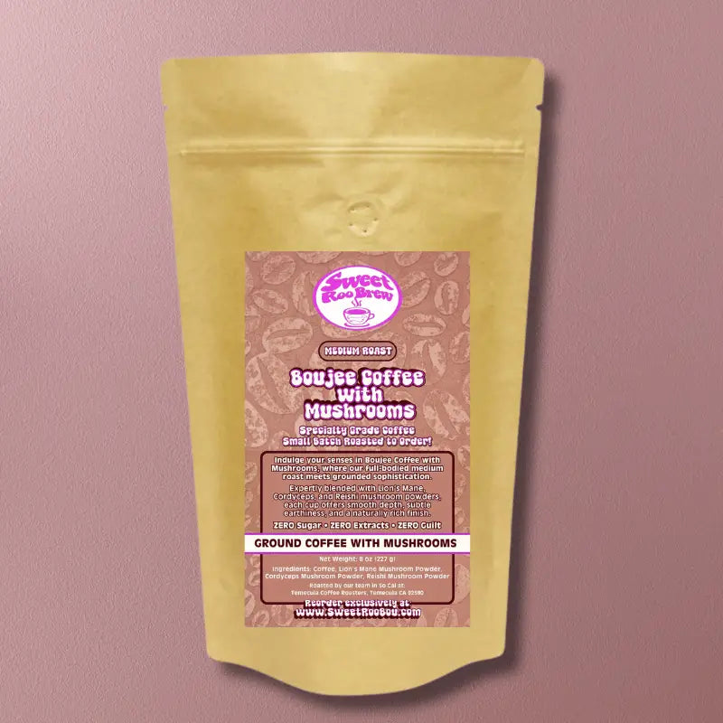 Boujee Coffee with Mushrooms by Sweet Roo Brew™ blends Specialty Grade coffee Lion’s Mane Cordyceps and Reishi mushroom
