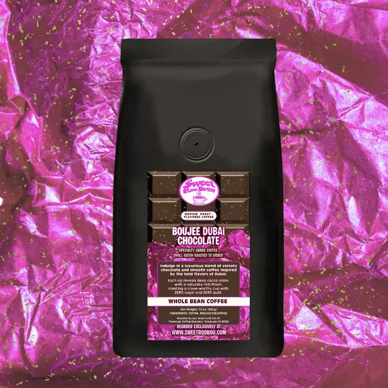 Boujee Dubai Chocolate Coffee delivers smooth lightly and naturally flavored cocoa richness inspired by Dubai’s bold