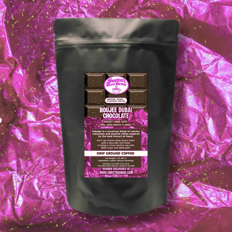 Boujee Dubai Chocolate Coffee delivers smooth lightly and naturally flavored cocoa richness inspired by Dubai’s bold