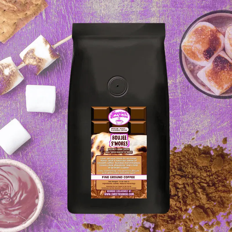 Boujee S’mores Coffee is lightly and naturally flavored with notes of toasted marshmallow milk chocolate graham