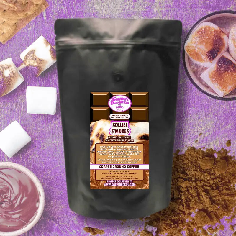 Boujee S’mores Coffee is lightly and naturally flavored with notes of toasted marshmallow milk chocolate graham