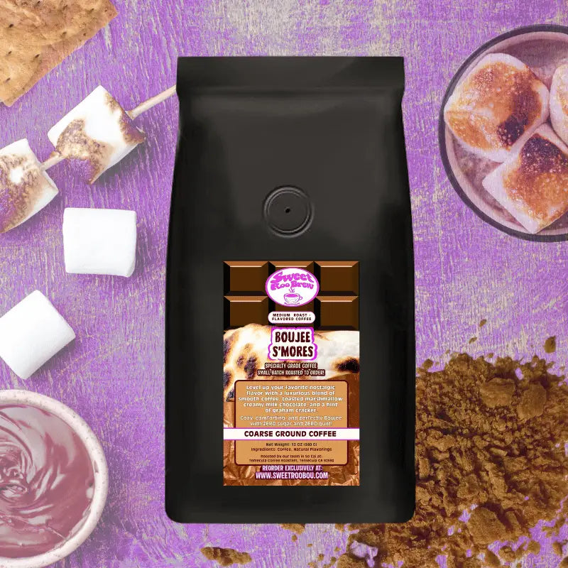 Boujee S’mores Coffee is lightly and naturally flavored with notes of toasted marshmallow milk chocolate graham