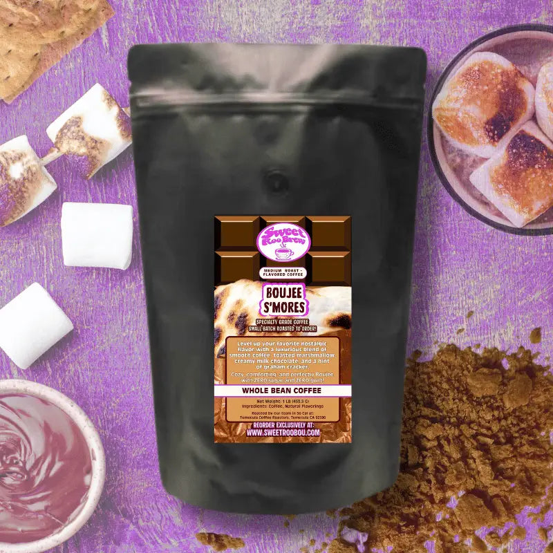 Boujee S’mores Coffee is lightly and naturally flavored with notes of toasted marshmallow milk chocolate graham