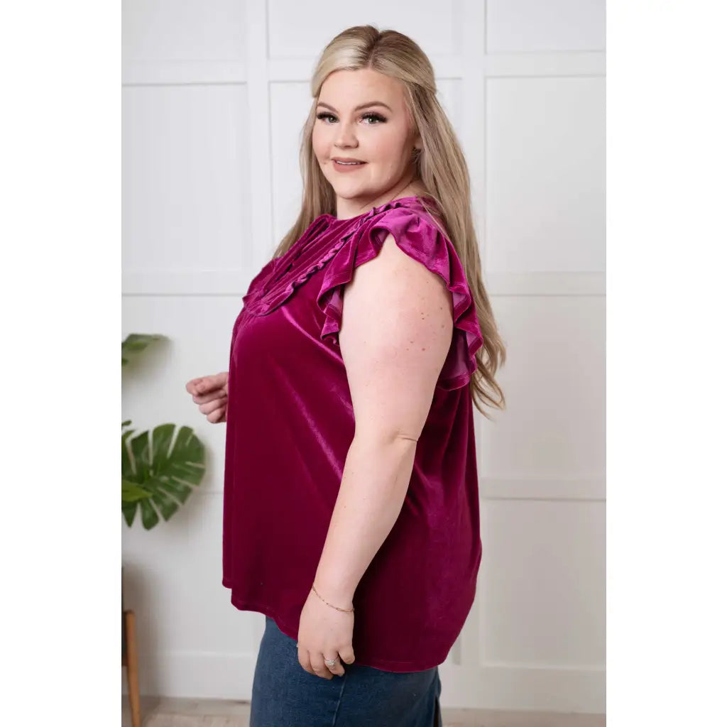 Shop the Boujee Velvet Muse Top in regular and plus sizes. Soft magenta velvet with feminine details for easy elevated