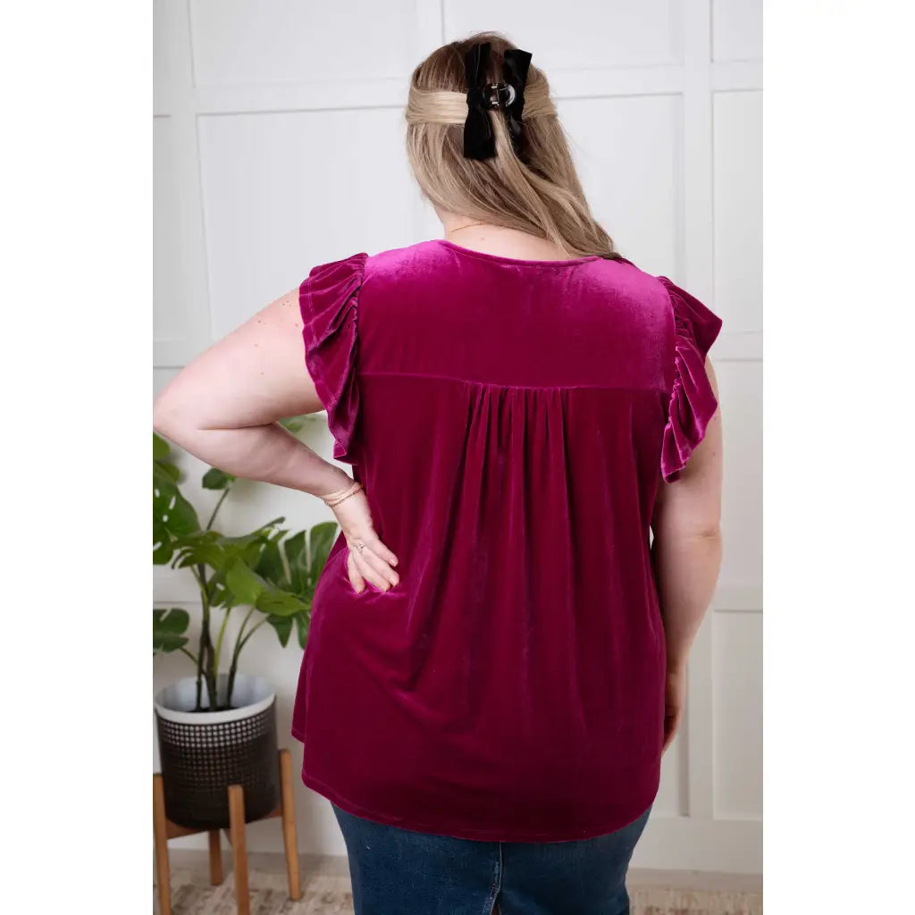 Shop the Boujee Velvet Muse Top in regular and plus sizes. Soft magenta velvet with feminine details for easy elevated