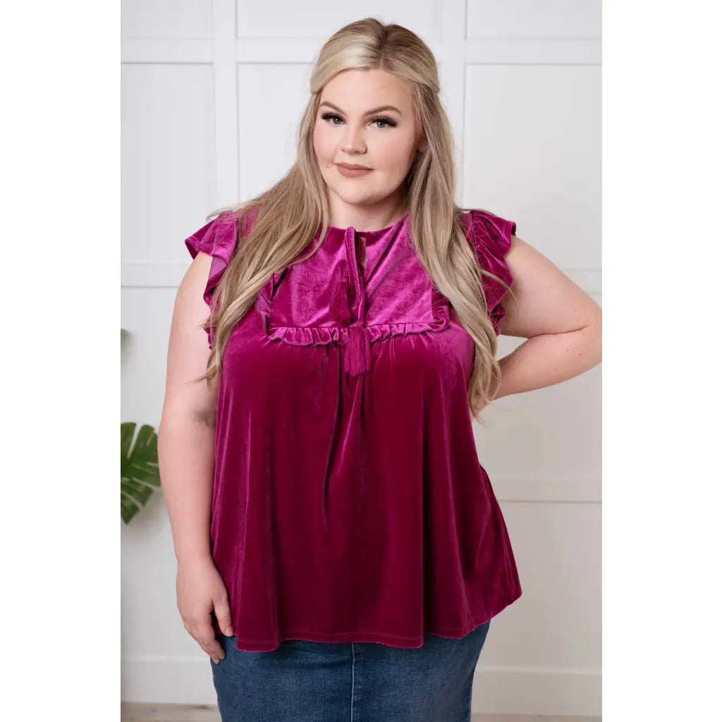 Shop the Boujee Velvet Muse Top in regular and plus sizes. Soft magenta velvet with feminine details for easy elevated