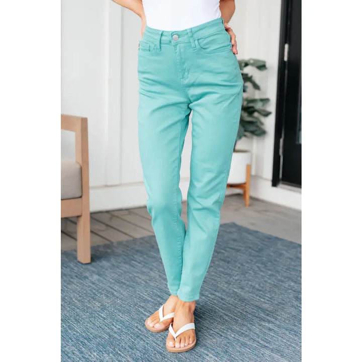 Bridgette High Rise Garment Dyed Slim Jeans in Aquamarine