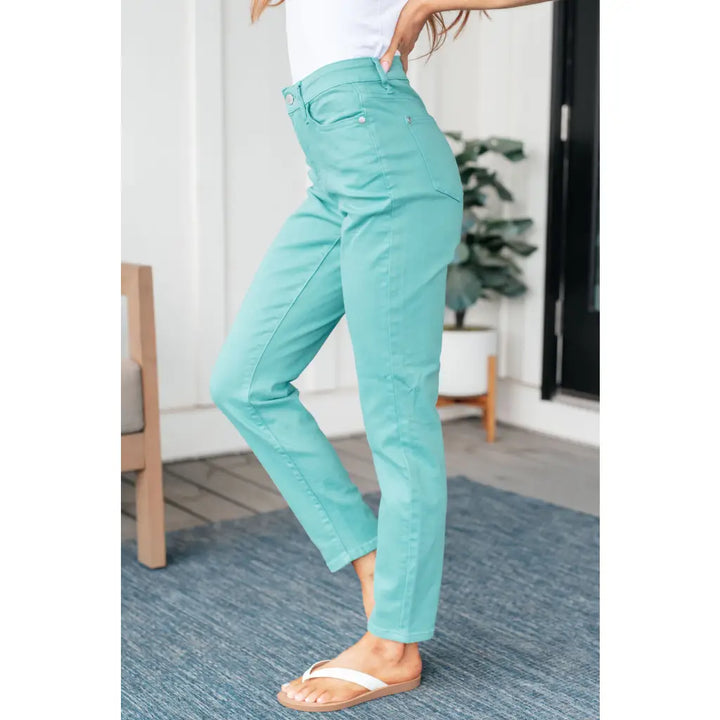 Bridgette High Rise Garment Dyed Slim Jeans in Aquamarine