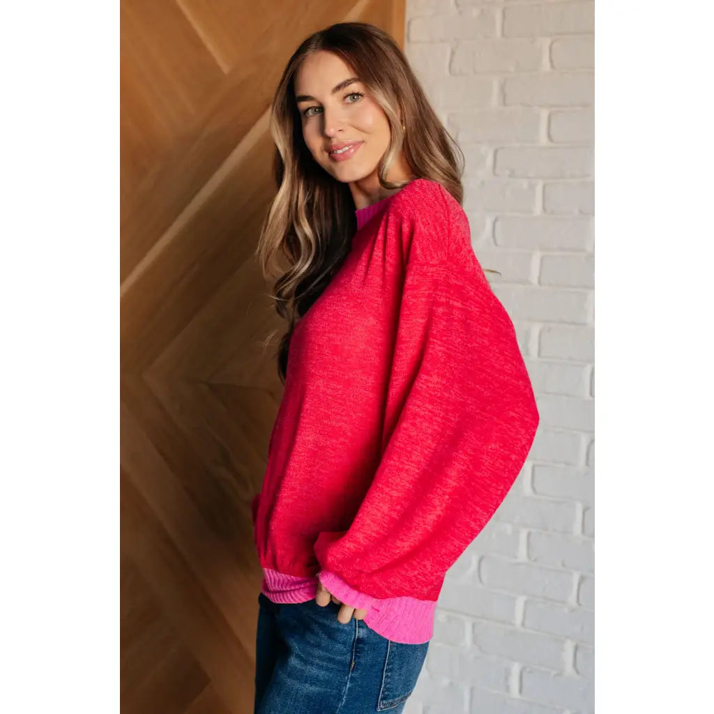 Our Bright as Lights Oversized Pink Pullover is made from lightweight French Terry and an elevated stretchy sweatshirt.