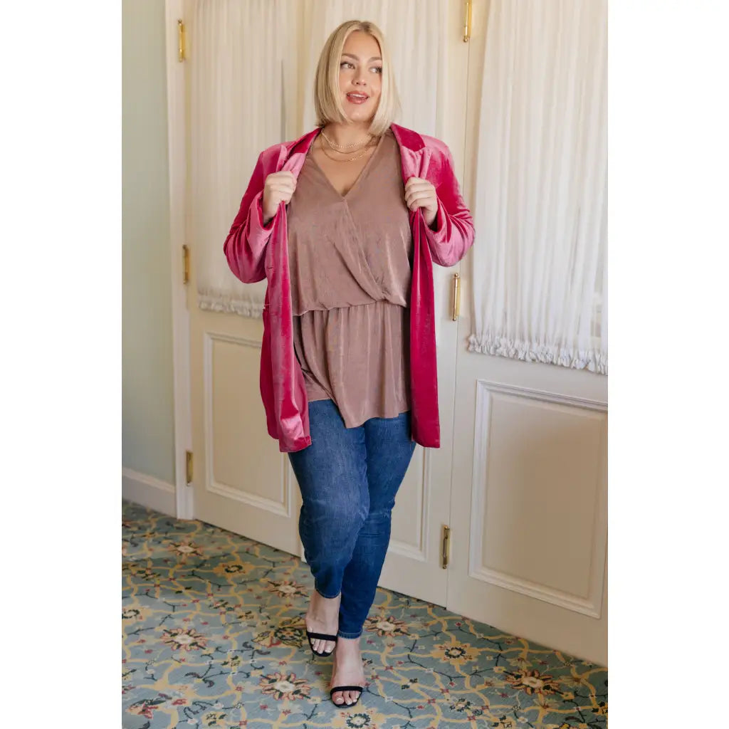 Meet our Bronzed Daze Draped V Neck Blouse! This gorgeous top is constructed from a slinky and shimmering bronze ribbed