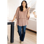 Meet our Bronzed Daze Draped V-Neck Blouse! This gorgeous top is constructed from a slinky and shimmering bronze ribbed