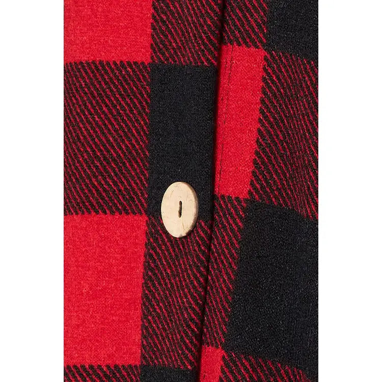 Our Buffalo Plaid Hooded Shirt is a versatile and stylish addition to any wardrobe. With its combination of classic red