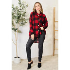 Our Buffalo Plaid Hooded Shirt is a versatile and stylish addition to any wardrobe. With its combination of classic red