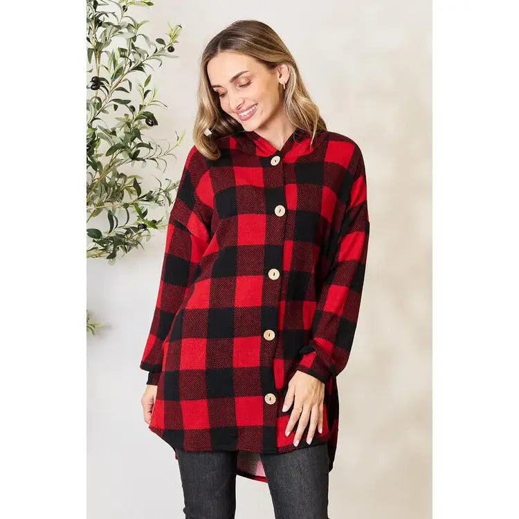 Our Buffalo Plaid Hooded Shirt is a versatile and stylish addition to any wardrobe. With its combination of classic red