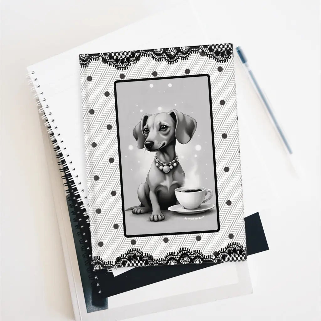 Cute and chic dachshund hardcover journal printed edge to in black white lace polka dots. 128 pages for journaling