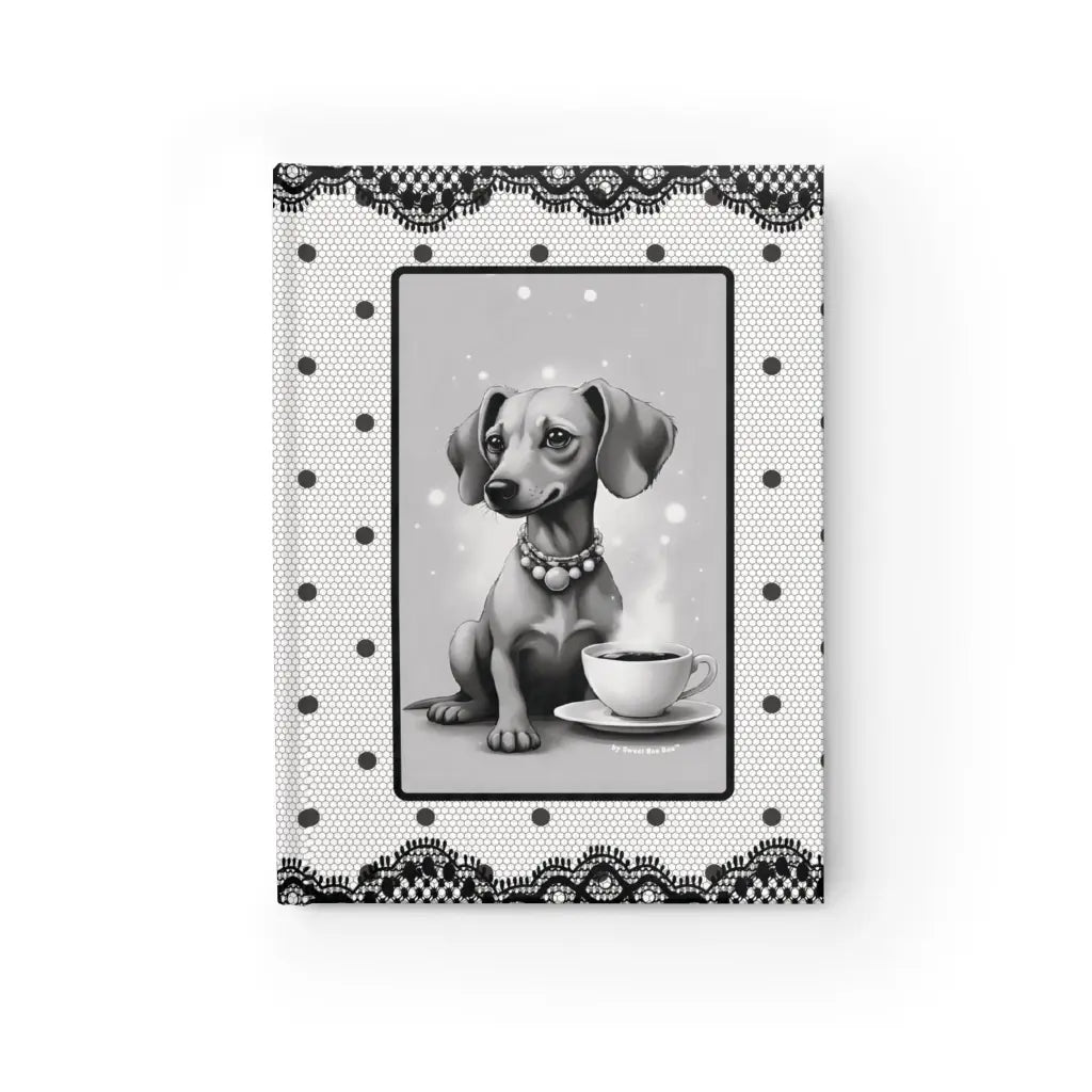 Cute and chic dachshund hardcover journal printed edge to in black white lace polka dots. 128 pages for journaling