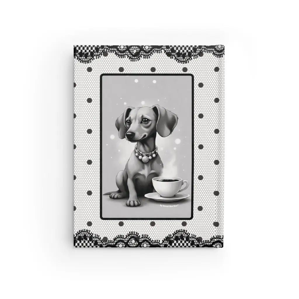 Cute and chic dachshund hardcover journal printed edge to in black white lace polka dots. 128 pages for journaling