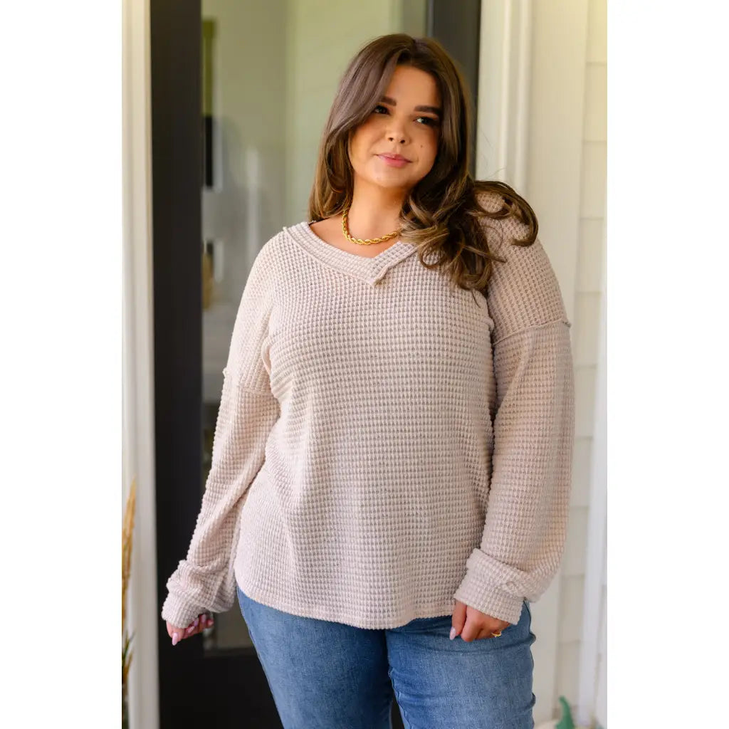 Chill out in style wearing our Calm In The Chaos V-Neck Sweater! This lightweight semi-sheer beige waffle knit sweater