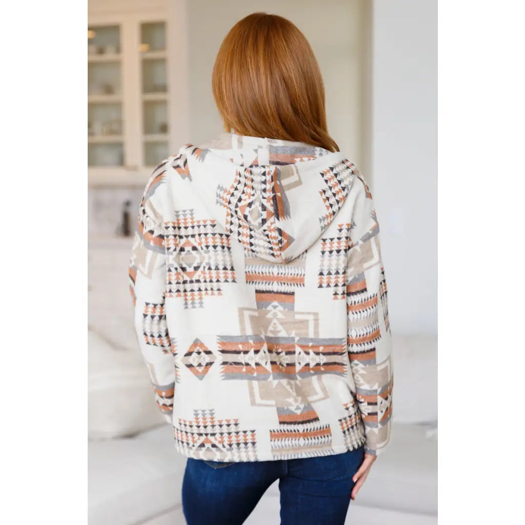 Our Caramel and Mocha Aztec Print Hoodie features a thick woven off-white brushed flannel with cozy print hooded 1/2
