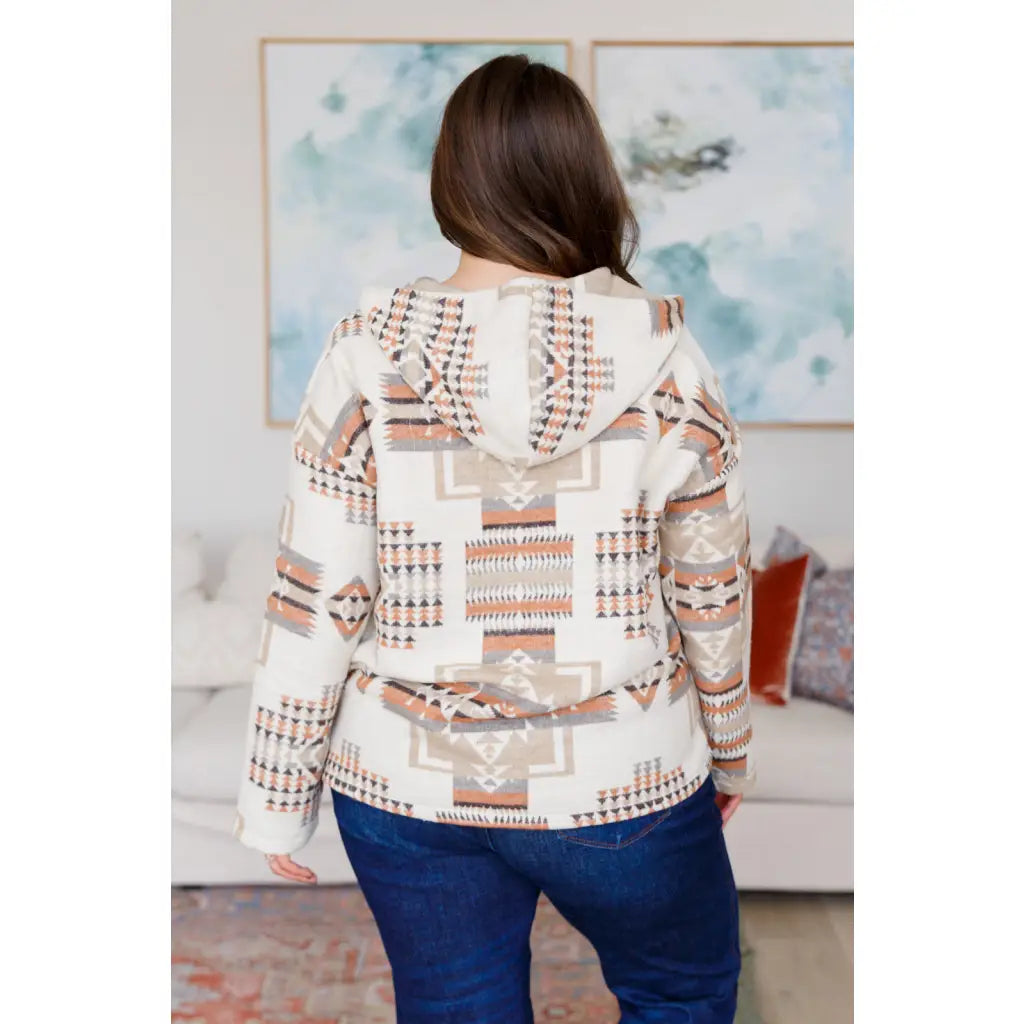 Our Caramel and Mocha Aztec Print Hoodie features a thick woven off-white brushed flannel with cozy print hooded 1/2