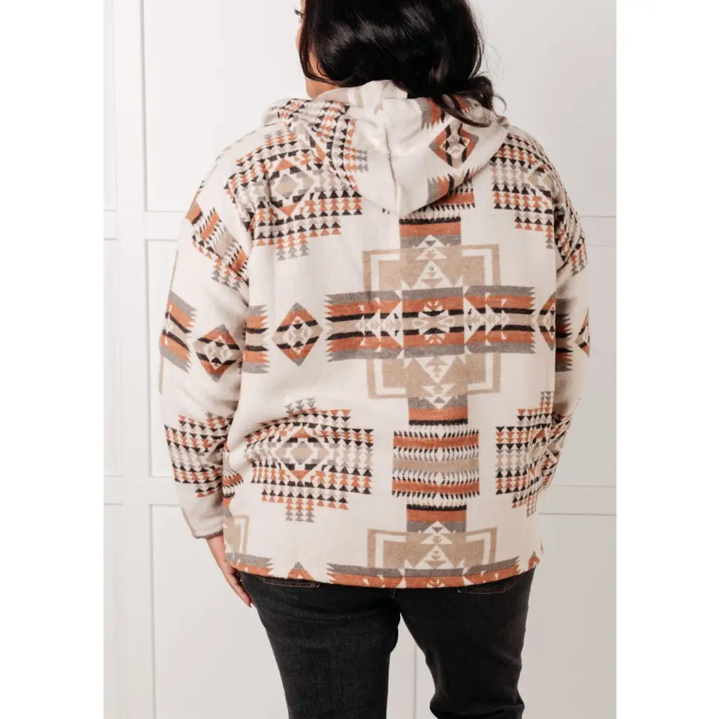 Our Caramel and Mocha Aztec Print Hoodie features a thick woven off-white brushed flannel with cozy print hooded 1/2
