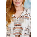 Our Caramel and Mocha Aztec Print Hoodie features a thick woven off-white brushed flannel with cozy print hooded 1/2
