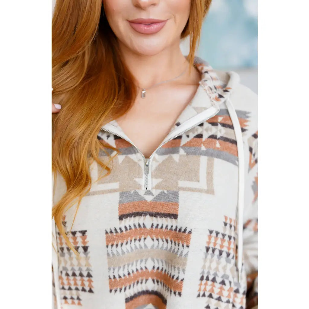 Our Caramel and Mocha Aztec Print Hoodie features a thick woven off-white brushed flannel with cozy print hooded 1/2
