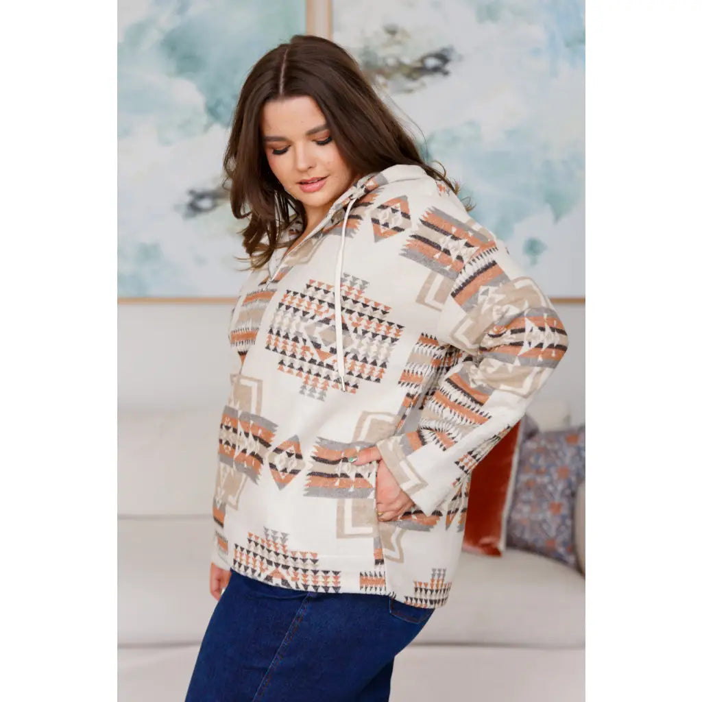 Our Caramel and Mocha Aztec Print Hoodie features a thick woven off-white brushed flannel with cozy print hooded 1/2