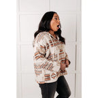 Our Caramel and Mocha Aztec Print Hoodie features a thick woven off-white brushed flannel with cozy print hooded 1/2