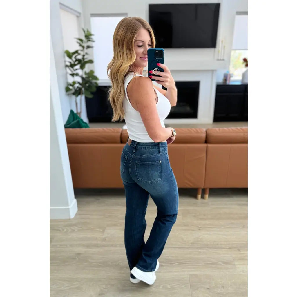 Upgrade your professional casual wardrobe with our Casual Day Mid Rise Control Top Judy Blue Jeans. The straight cut