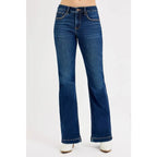 Flattering tummy control mid rise flare jeans by RISEN. Slight stretch leg-lengthening silhouette plus size friendly.