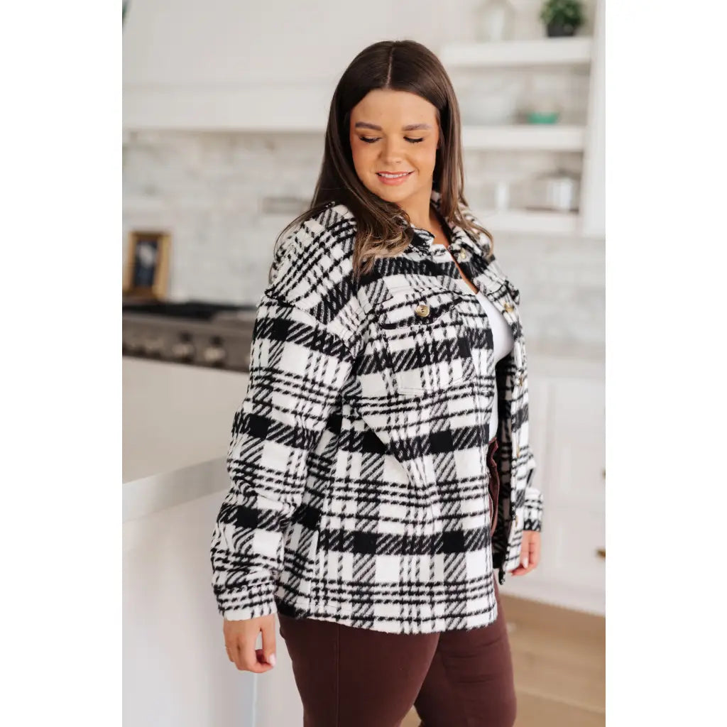 Pieces like our Cate Plaid Shacket In Black & White are hard to come by so make sure snag it while you can! Made