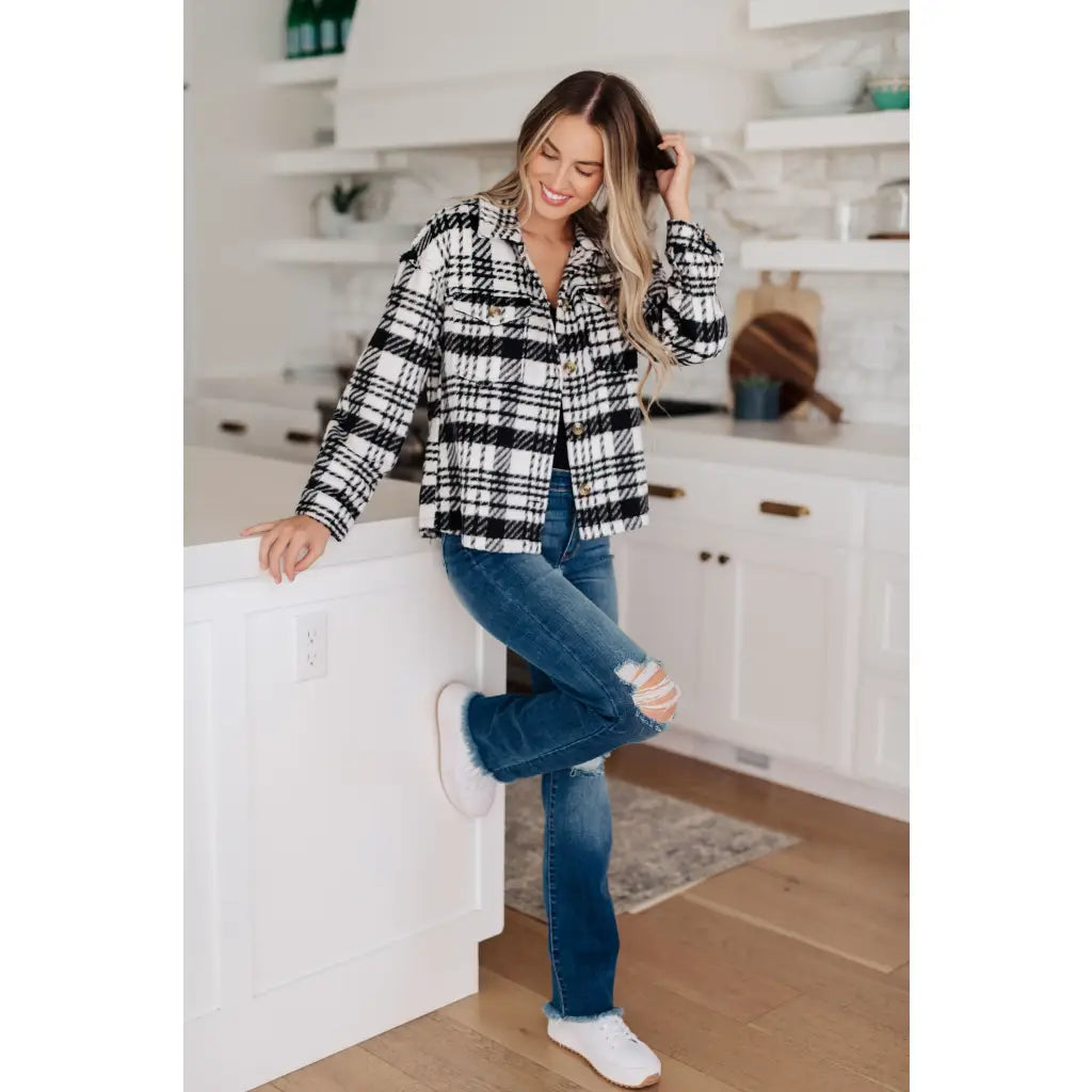Pieces like our Cate Plaid Shacket In Black & White are hard to come by so make sure snag it while you can! Made