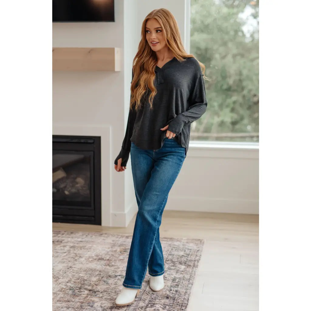 Cozy charcoal long sleeve top with thumb holes and v-neck. Relaxed fit available in plus sizes. Boutique comfy
